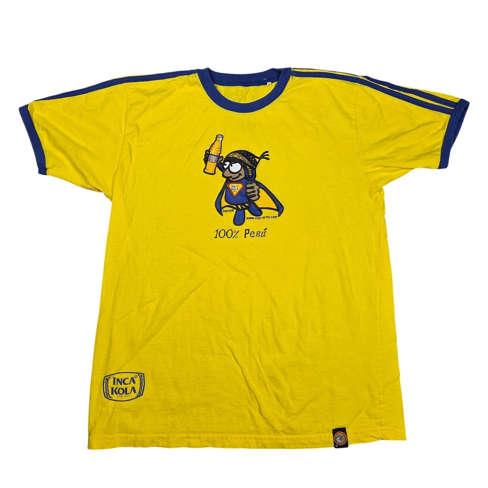 Cuy Arts Inca Kola Peru Ringer T-Shirt Mens Large Yellow Blue Graphic Tee